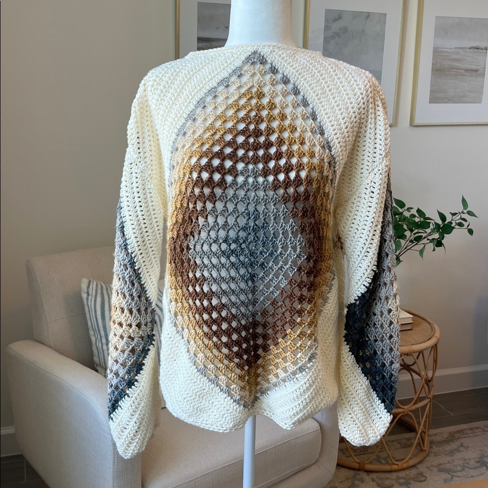 Hand Crocheted Oversized Pullover Granny Square Boho Sweater